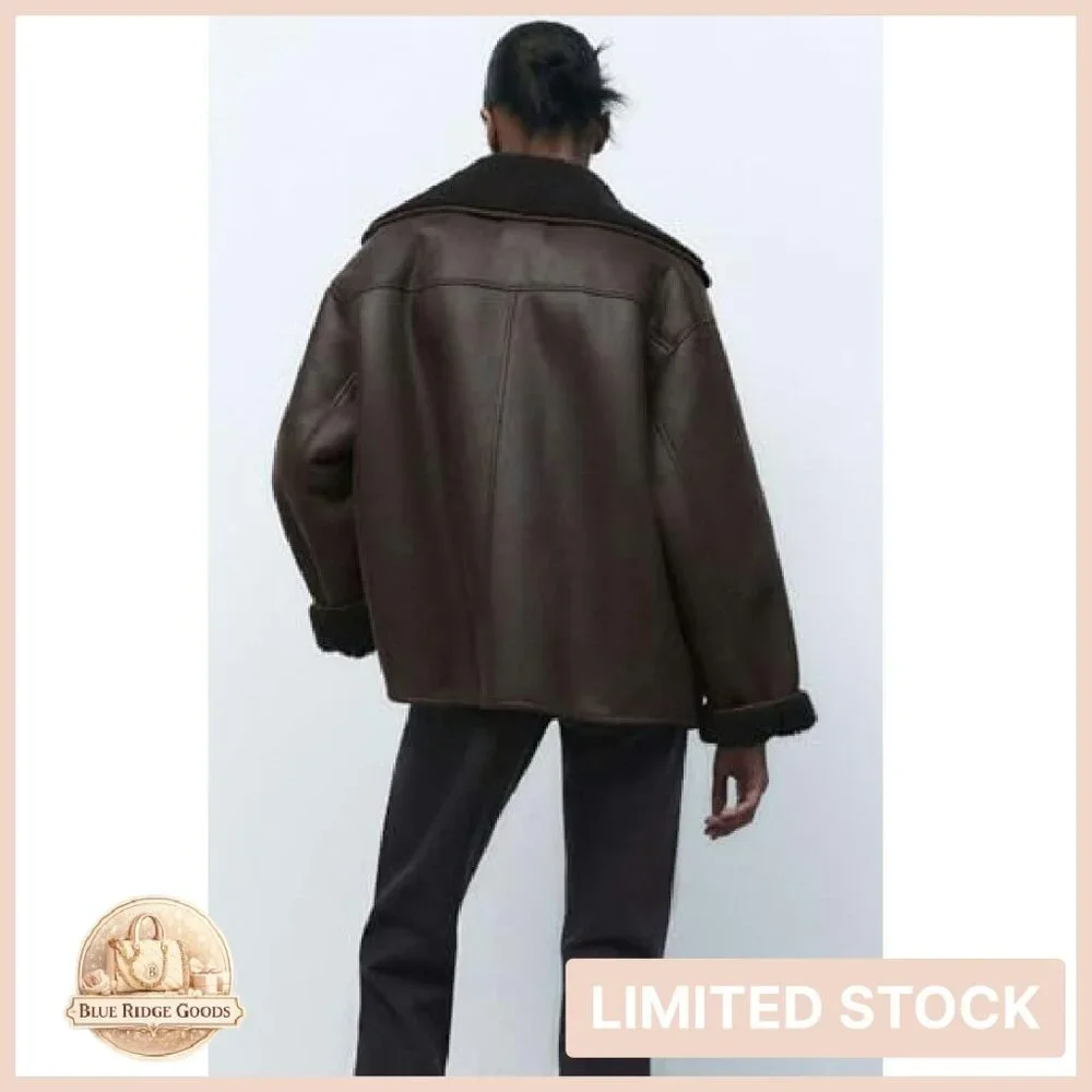 Sherpa Lined Faux Leather Jacket Oversized Motorcycle Style Winter Chic